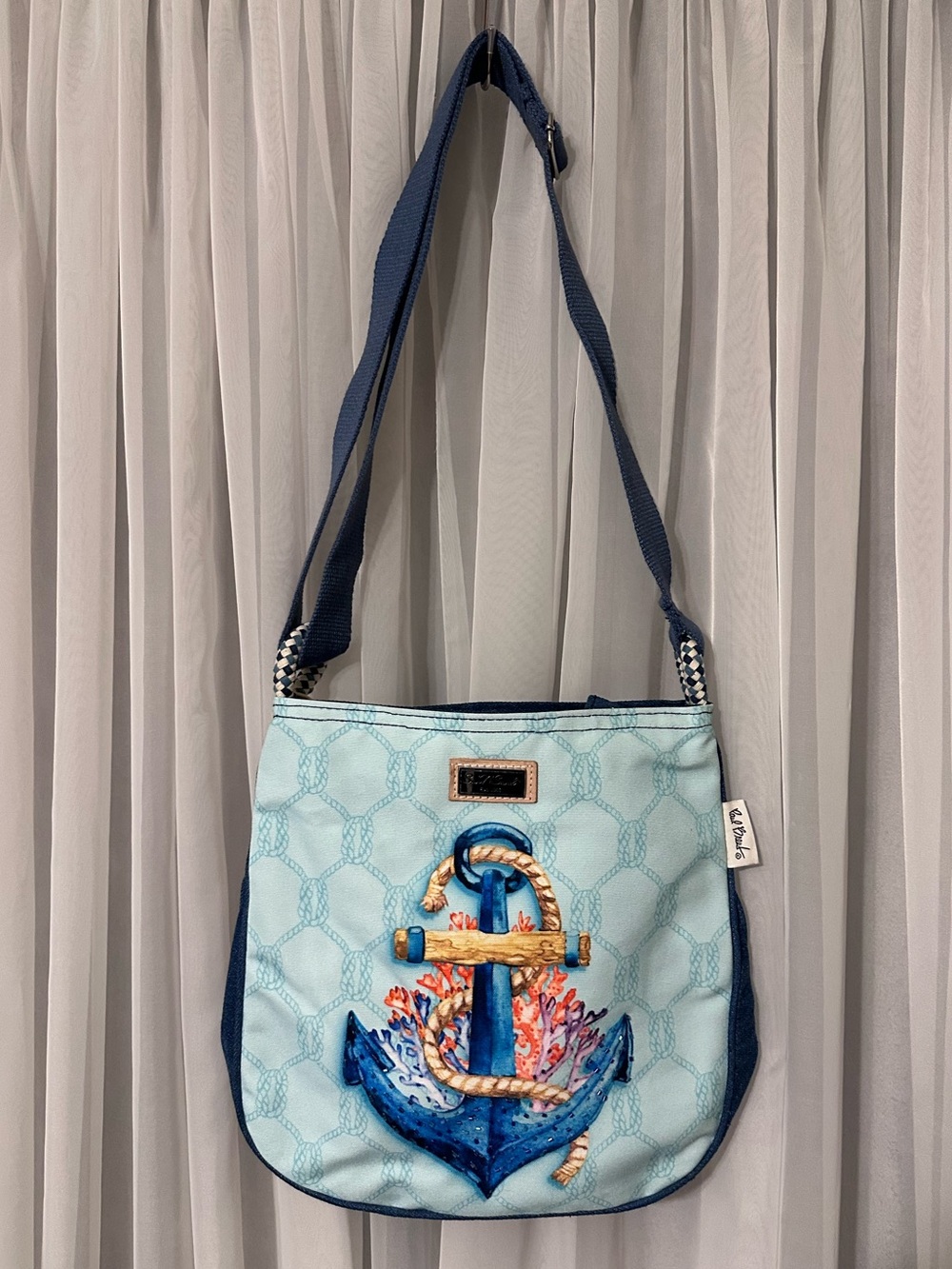 Sun & Sand Light Blue Beaded Anchor Shoulder Crossbody Bag with Navy Strap